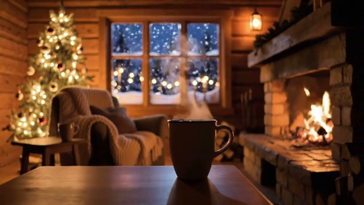 Cozy Coffee Ambience ☕ Fireplace & Snowfall | Warm Cabin Atmosphere 🎄