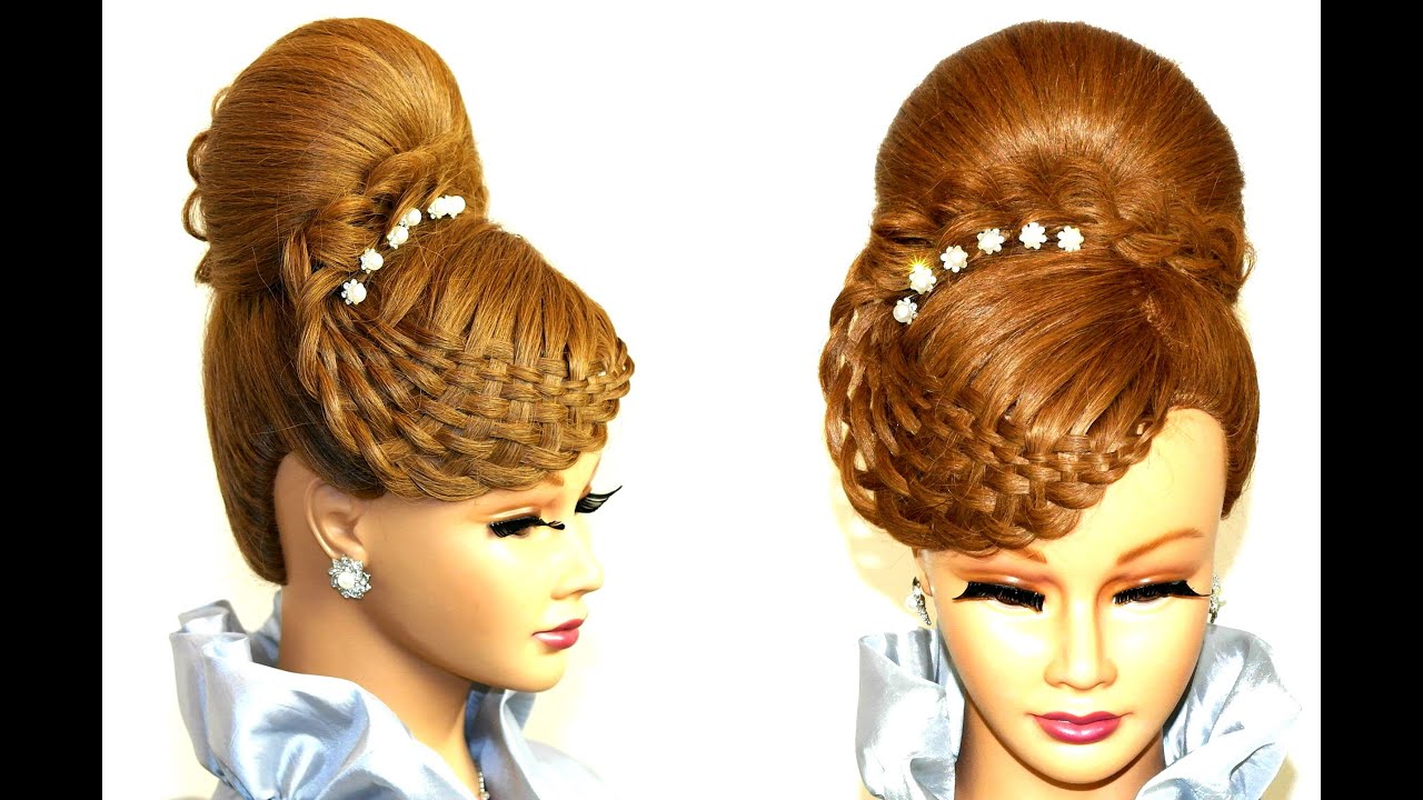 Braided hairstyle for long hair. Bun updo tutorial