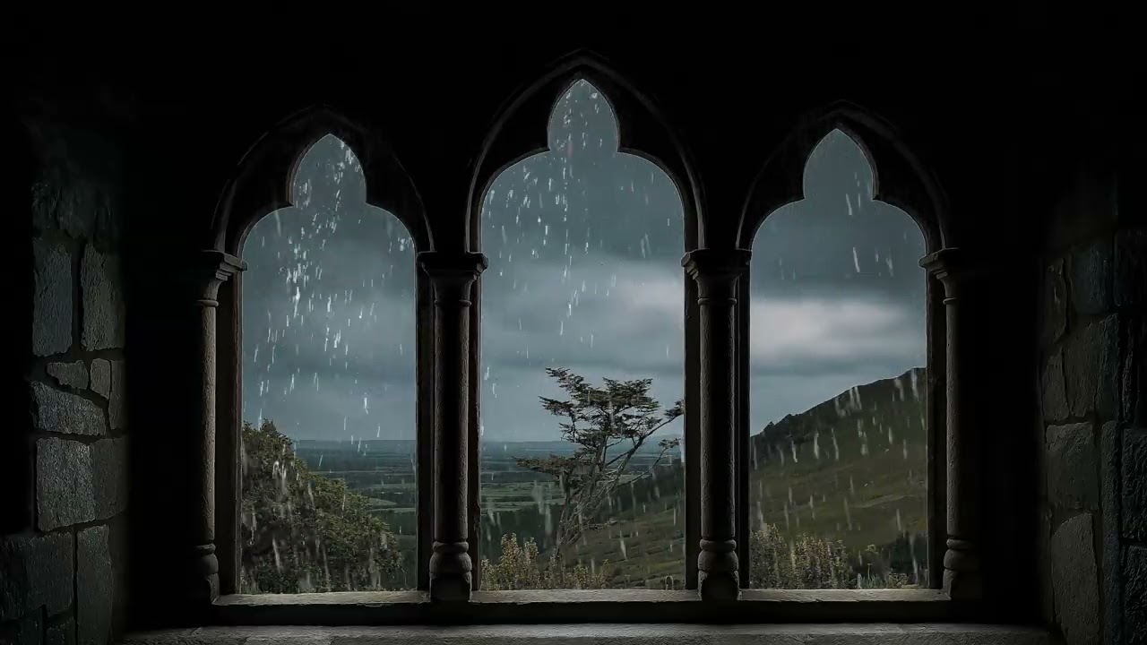 Rainy Medieval Window View | Ancient Oak Hills Ambience for Sleep, Study & Relaxation (3 Hours)