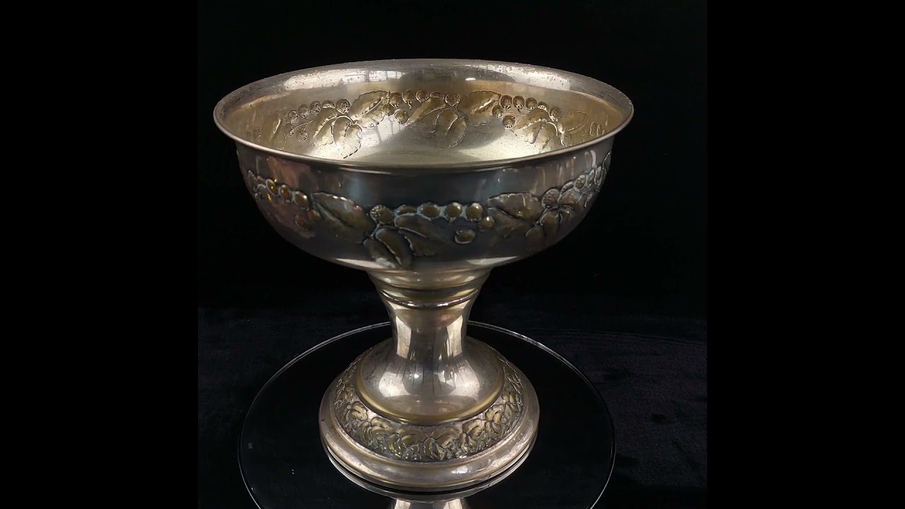 Antique kitchen table decor- beautiful Brass Pedestal Bowl vase gold Floral Embossed