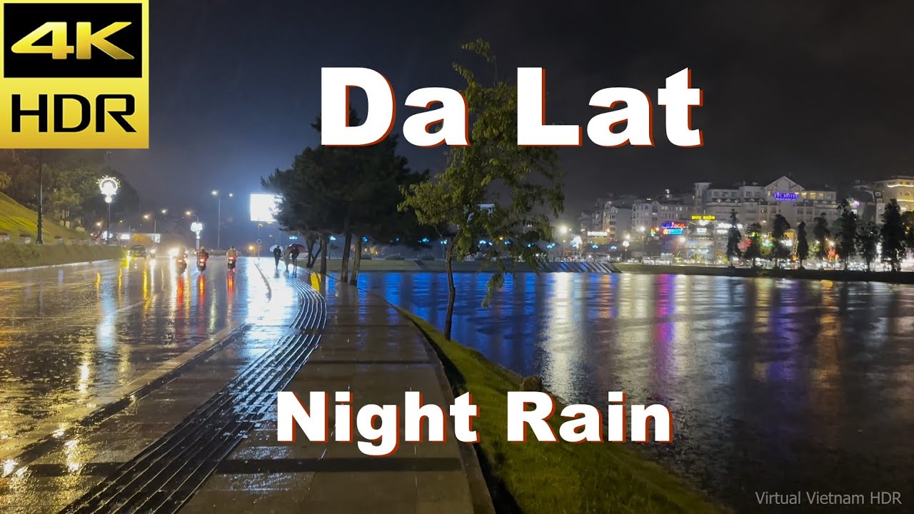 4K HDR | Heavy Rain at Night in Da Lat Walking Tour | Vietnam 2023 - Binaural Sounds