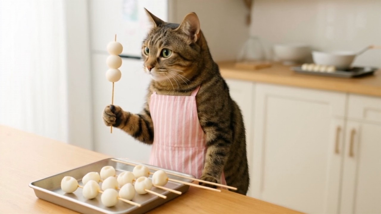 【AI Cat】キジトラ猫アンバーのみたらし団子作り！【料理】