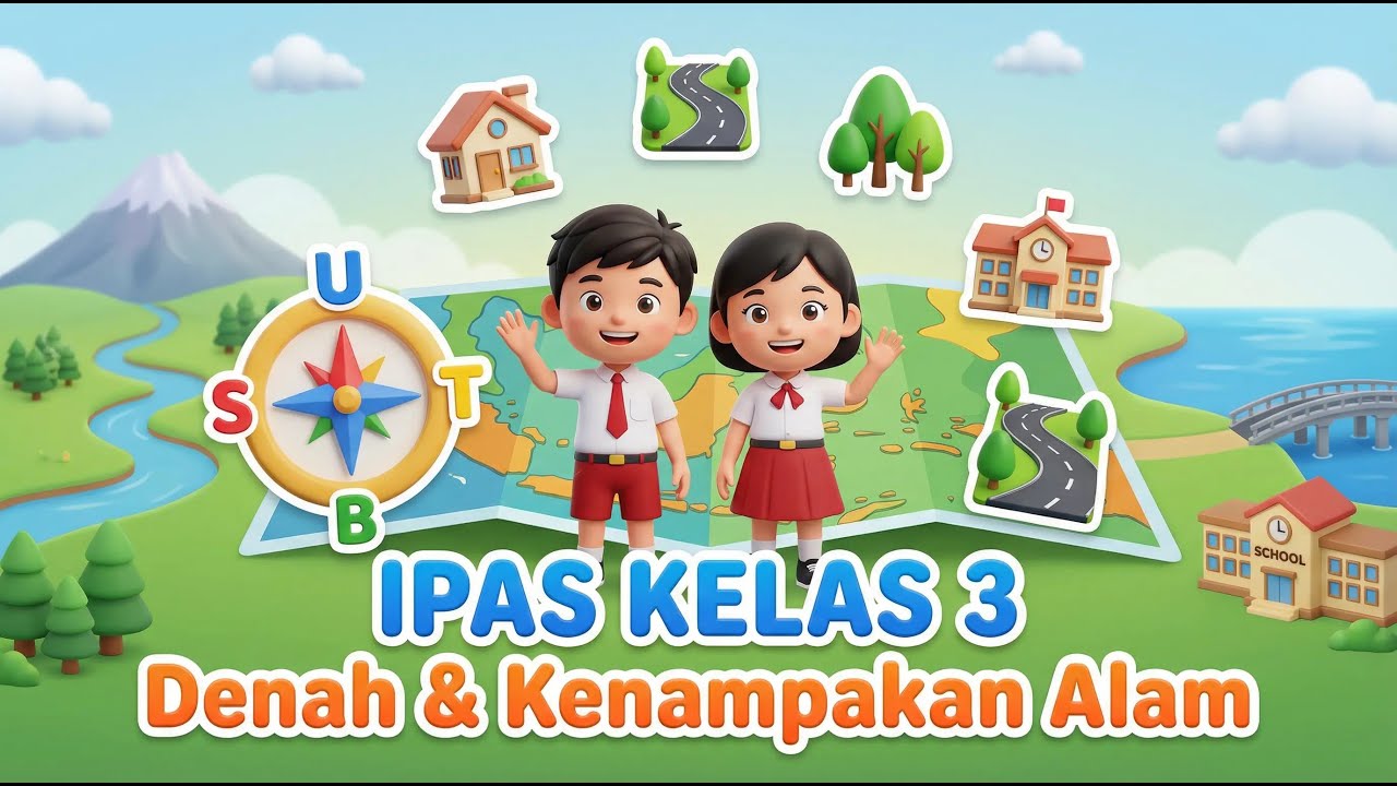 Rangkuman IPAS Kelas 3 Bab 5 | Denah, Arah Mata Angin, Kenampakan Alam & Buatan