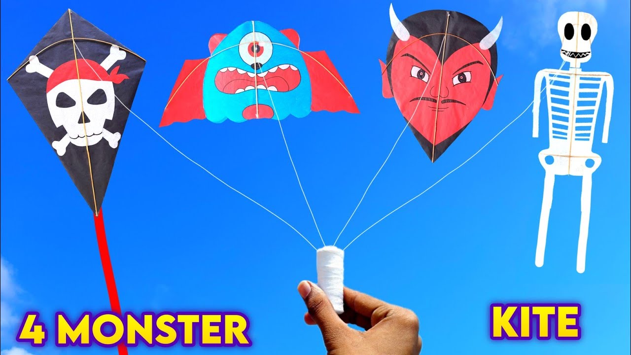 4 Amazing Monster kite , how to make skeleton kite , patang kese banate he , Flying new kite