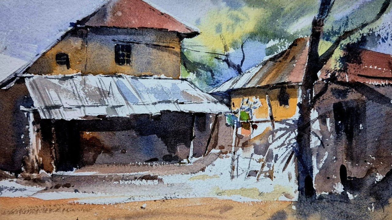 Sunny village scenery watercolor
