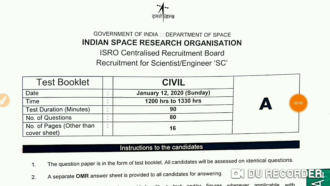 ISRO SCIENTIST/ENGINEER 'SC' CIVIL 12/01/2020 QUESTION PAPER WITH ANSWERS
