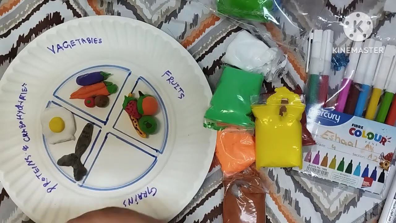 Healthy  and balanced food model by air clay,.easy healthy food model for school project