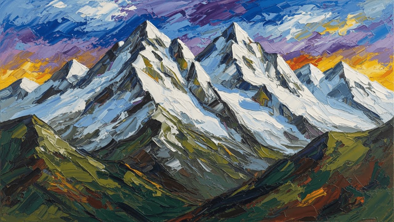 4K ART TV | Breathtaking Abstract Expressionist Snowy Peaks Oil Painting | Beauté Naturelle