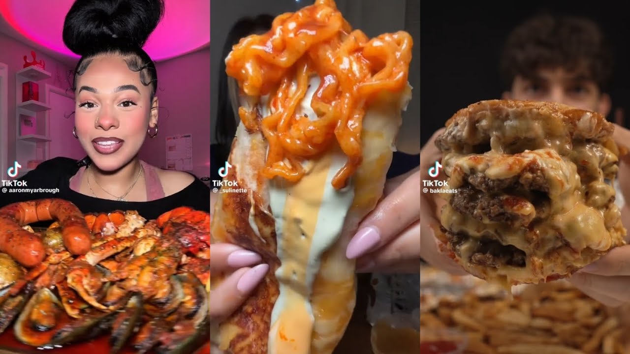 TIKTOK MUKBANG COMPILATION FRIED SUSHI BURGERS CHEESY IN BELL DOMINO RAMEN NOODLES 