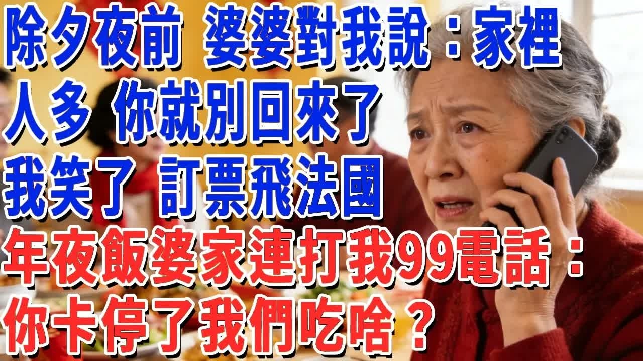 除夕夜前 婆婆對我說：家裡人多 你就別回來了！我笑了 訂票飛法國，年夜飯婆家連打我99電話：你卡停了我們吃啥？#妮妮故事會 #情感故事 #老年生活