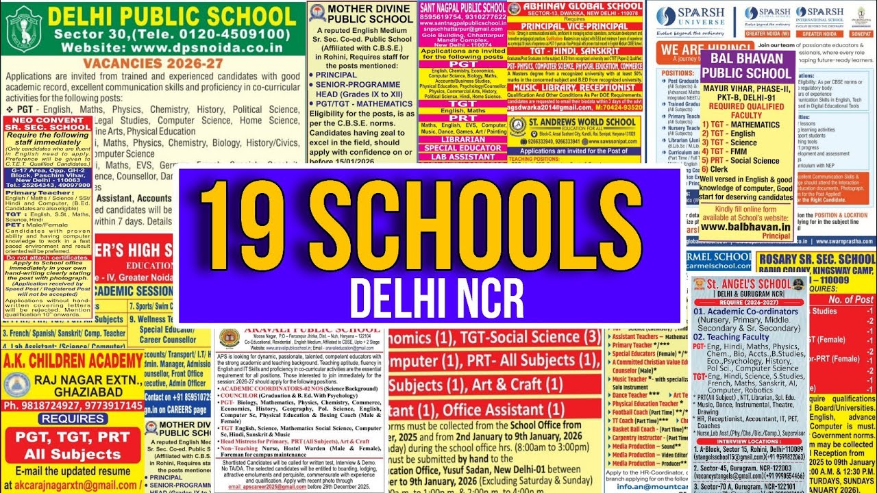 19 SCHOOLS PGT TGT PRT NTT TEACHERS RECRUITMENT 2026-27 | ALL SUBJECTS | DELHI NCR LOCATIONS 