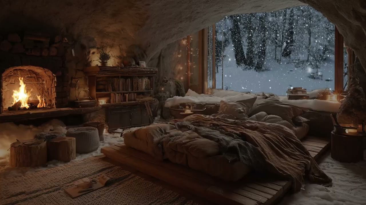 Sleepless Nights in Falling Snow | Fireplace Warmth and Gentle Silence for Rest