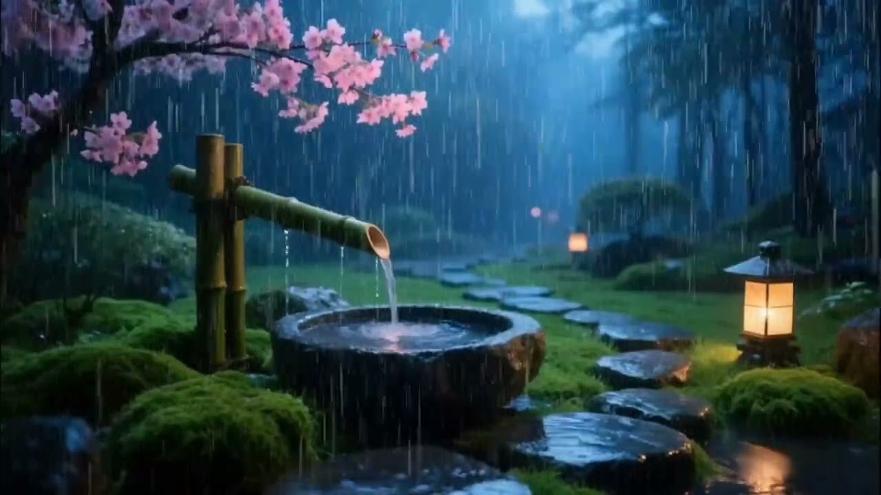 Peaceful Night Rain and Piano in a Zen Garden | Deep Sleep Support