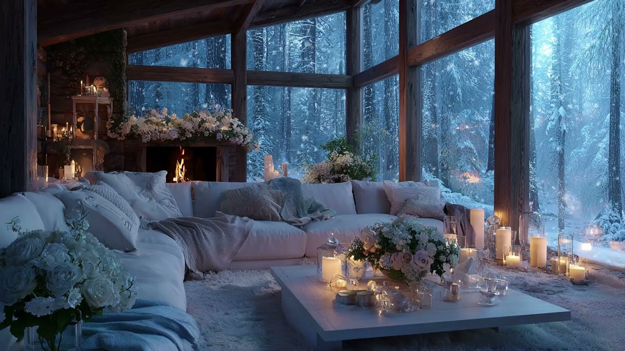 Cozy Cabin Aura: Peaceful Piano Music with Fireplace and Snowfall for Stress Control
