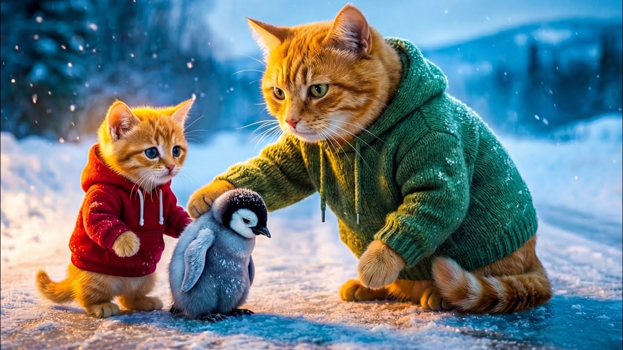 Mama cat and kitten saves the penguin in the snow 