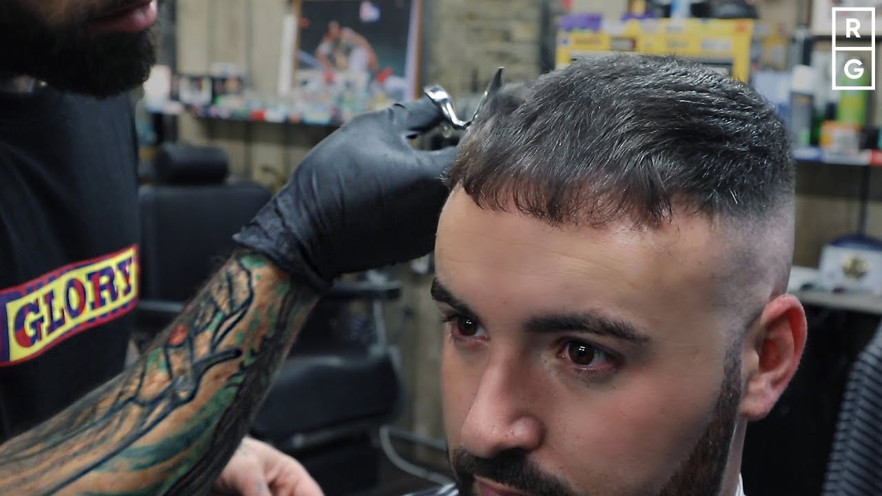 Caesar Cut Crop Haircut With High Skin Fade & Short Beard Trim
