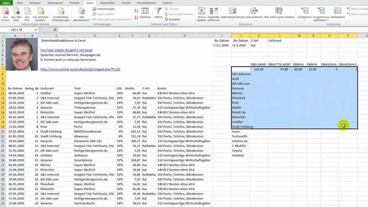 Datenbank-Funktionen in Excel einsetzen