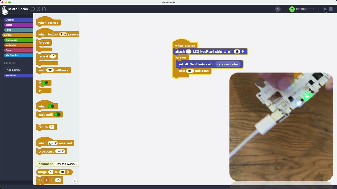 MicroBlocks Getting Started using Springbot Gold