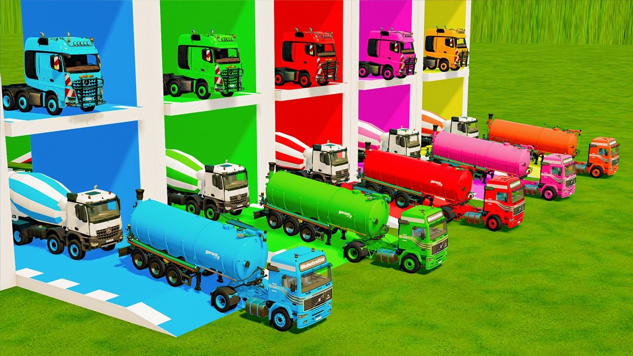 Colorful Garage FS22 - Mixer Truck With Flatbed Trailer, Mercedes-Bnez, Tank Truck, Tesla, Scania