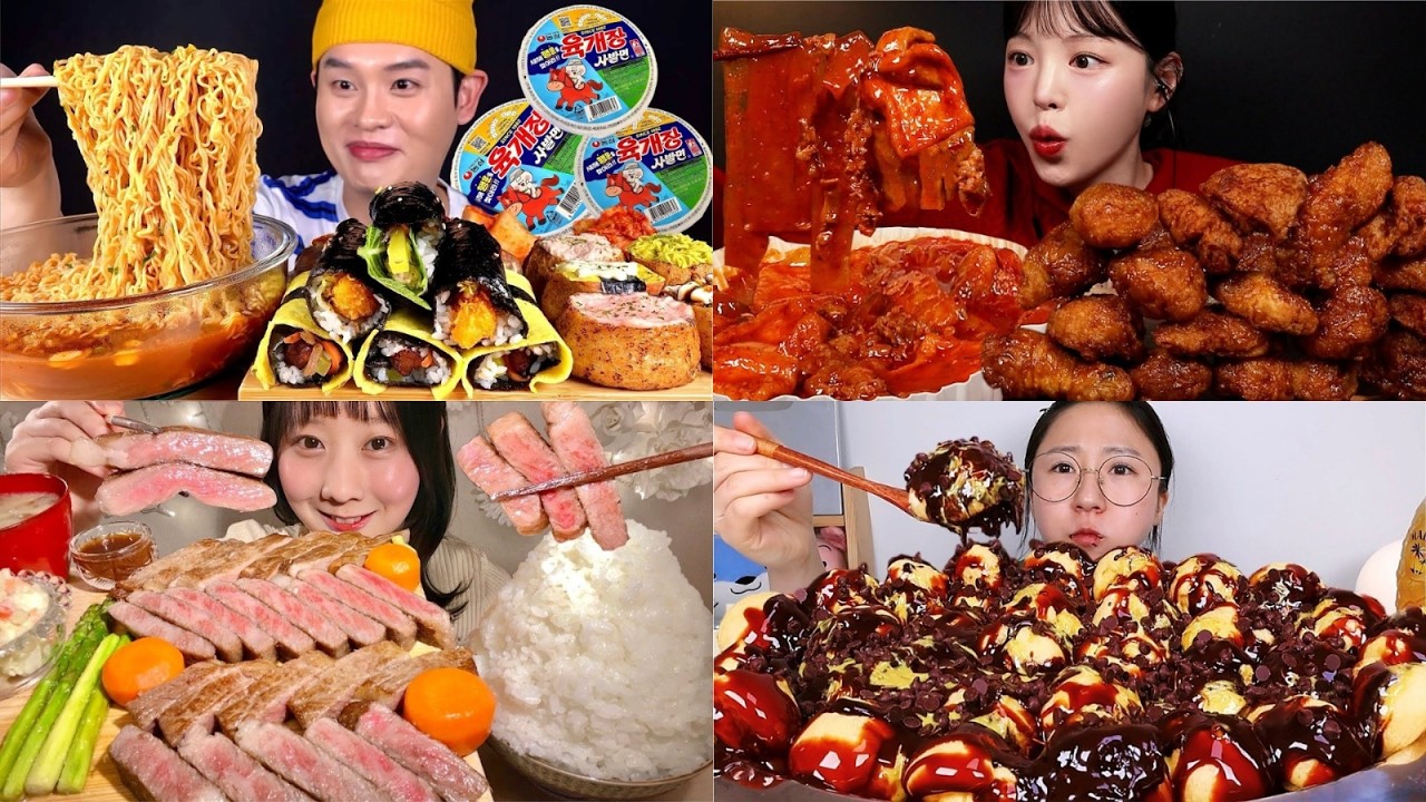 GIANT MUKBANG FEAST 🍜🔥 SPICY NOODLES, FRIED CHICKEN & DESSERT