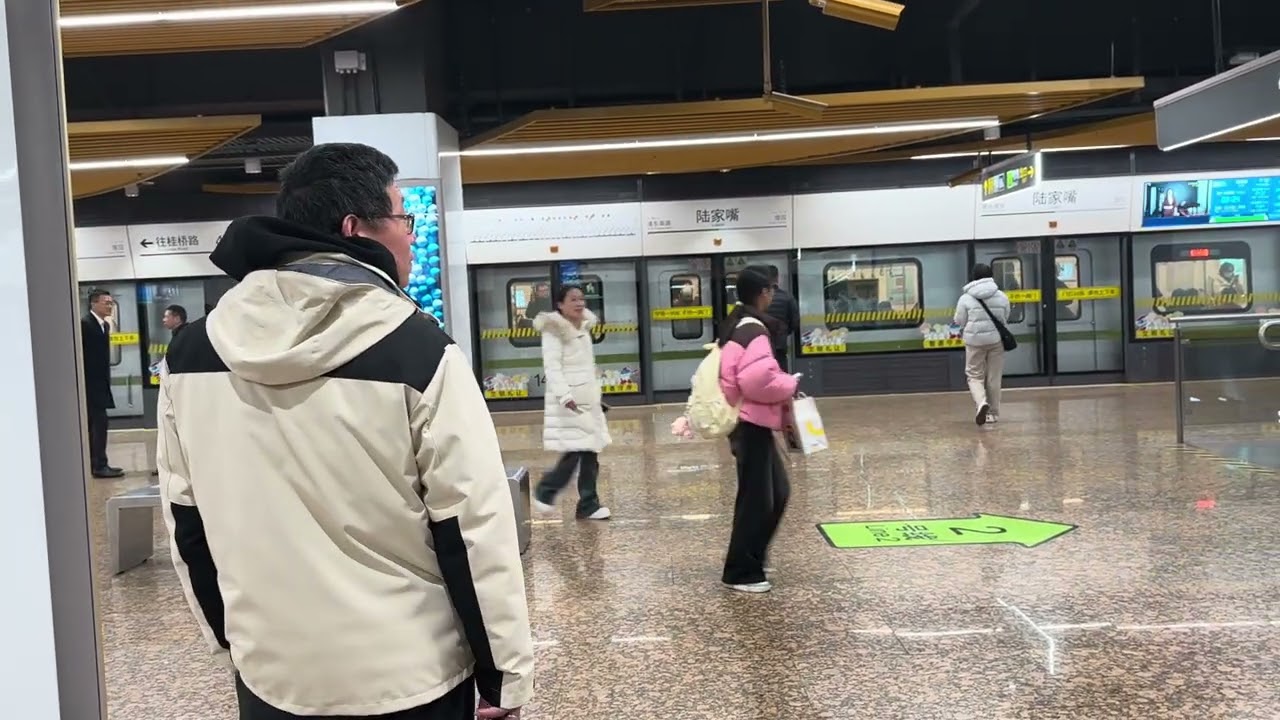 Train arriving and departing a rail station in Shanghai.