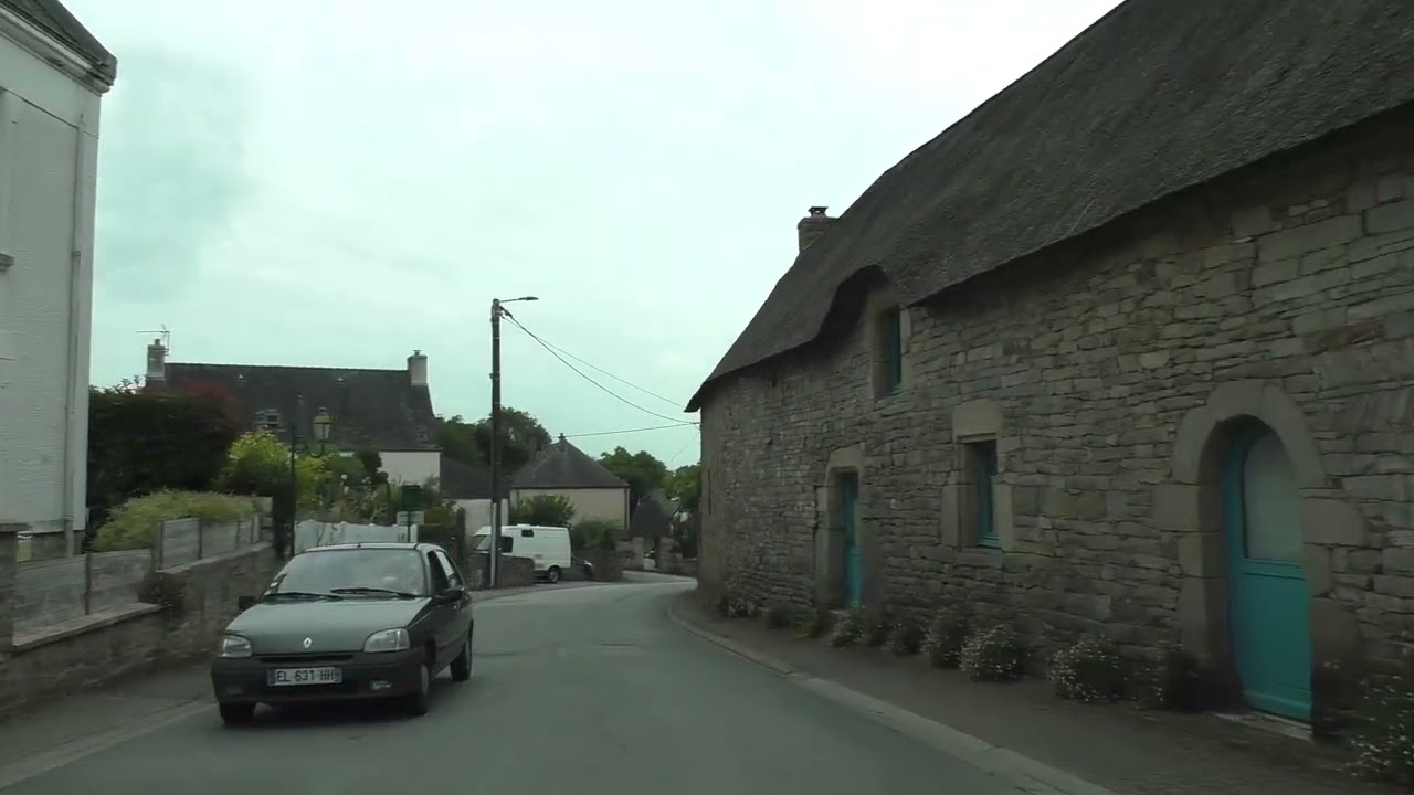 Driving On Place Joseph Corfmat & Rue des Fr&egrave;res Buleon, 56400 Plumergat, Morbihan, Brittany, France
