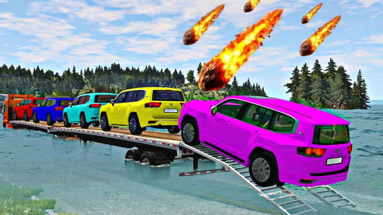 Triple Flatbed Trailer McQueen Transportation with Truck - Speedbumps vs Cars vs Train - BeamNG #19