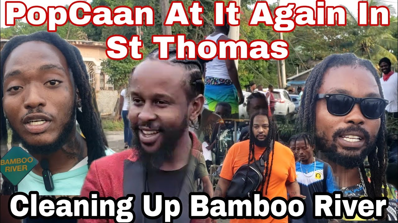 Исполнитель танцевальной музыки PopCaan и его друзья расчищают овраг в Бамбуковой реке Морант-Бей...