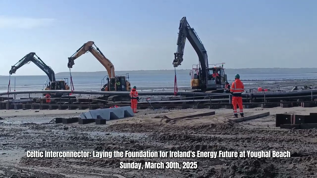 Eirgrid: Celtic Interconnector pipes being laid at Youghal Beach, Co. Cork, Ireland.