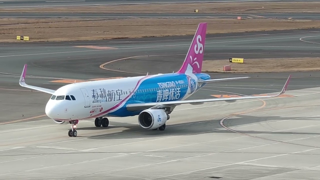 中部国際空港 春秋航空 上海－中部 エアバスA320ceo B-8581「TSINGTAO 青啤优活」特別塗装機 2026年1月21日