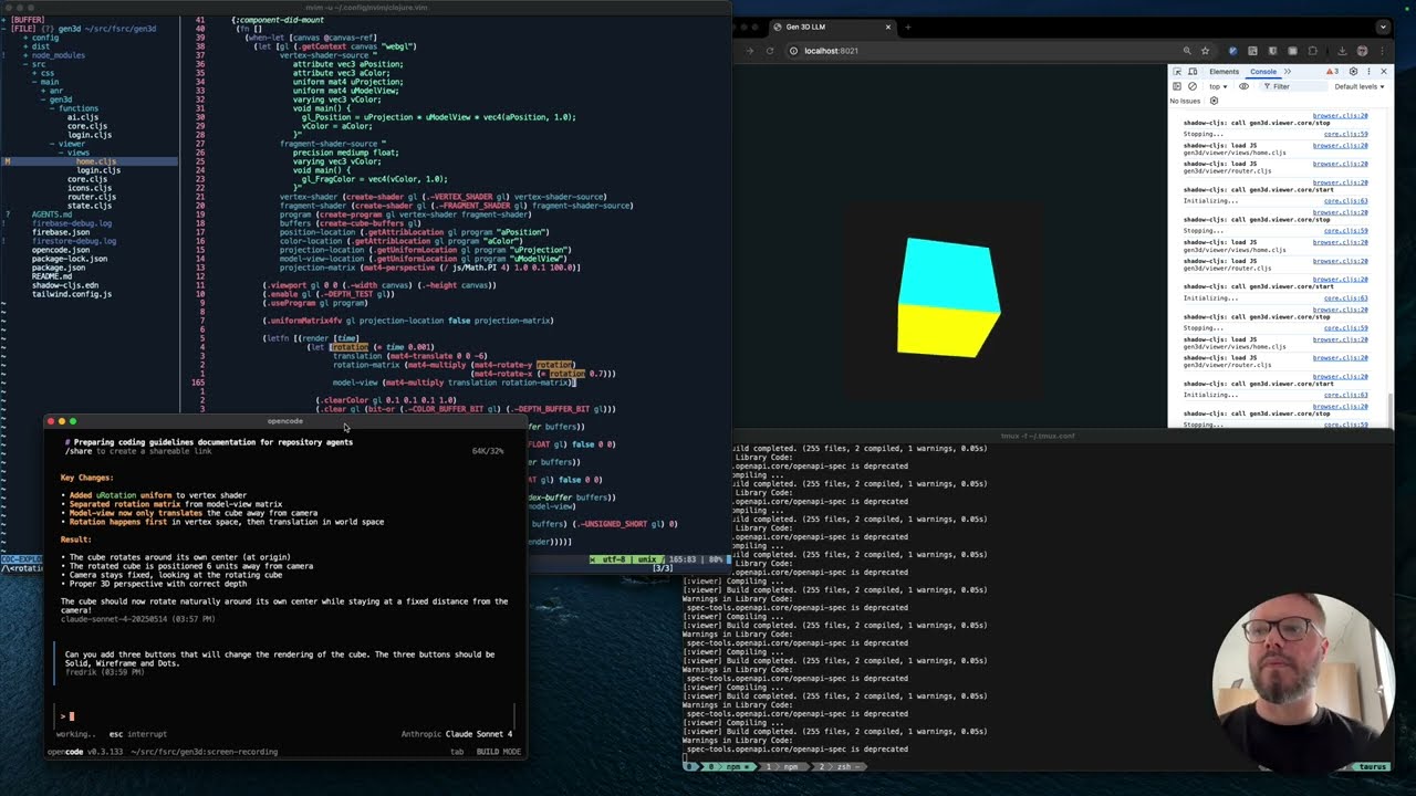 Vibe coding WebGL and LLM with Opencode and Clojure-MCP