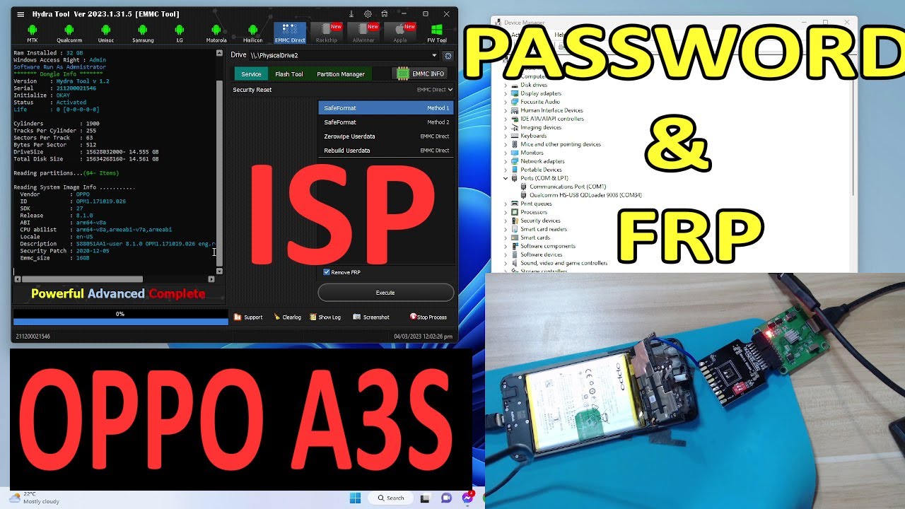 Oppo a3s cph1853 Password remove password and frp full tutorial via  new hydra tool | cph1803