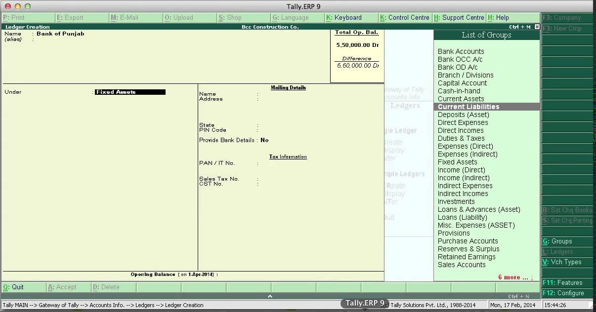 Tally erp 9 Balance Sheet - Opening Balance