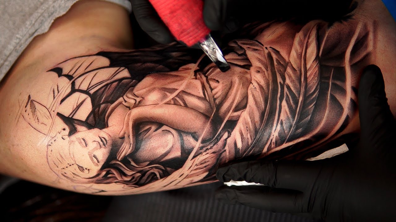 FECHAMENTO DE BRAÇO COM ANJO STATUE - #tatuagem #statue