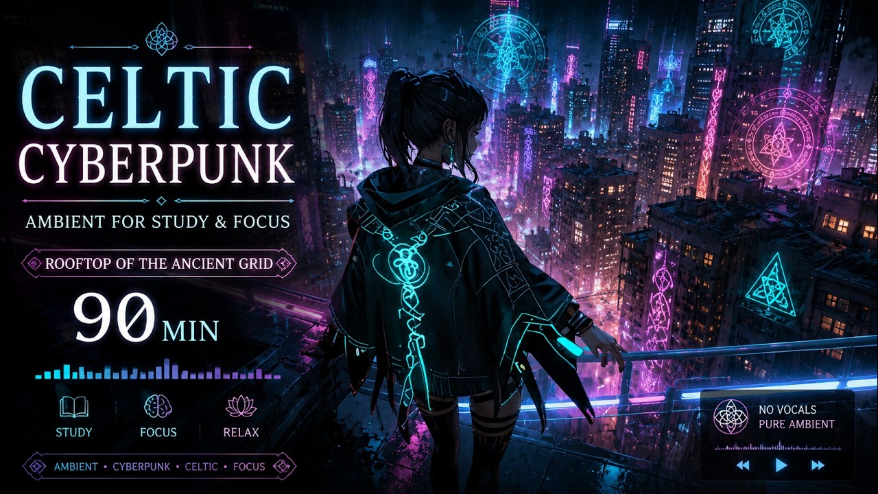 Celtic Cyberpunk Ambient for Study & Focus | Rooftop of the Ancient Grid 【90 MIN】