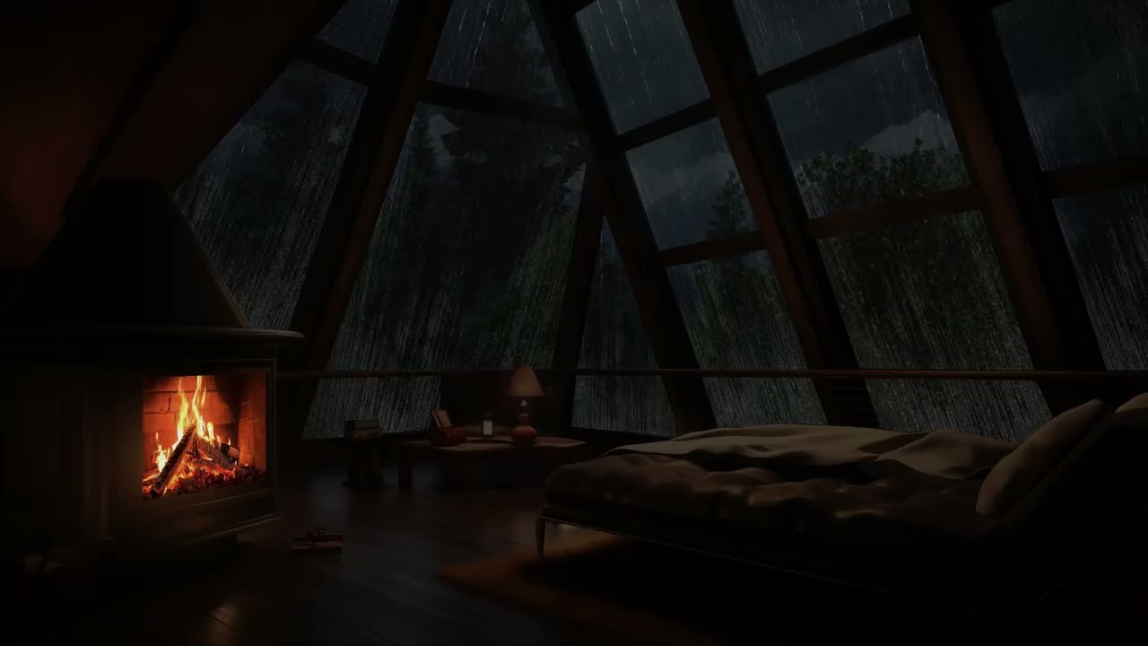 Sótão Aconchegante à Noite com Lareira e Chuva na Floresta Tropical para Relaxamento