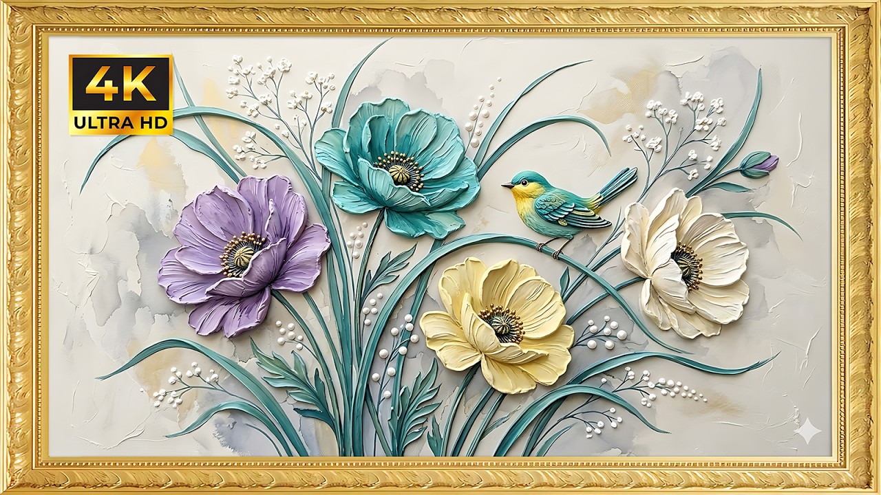Luxurious Peonies & Blue Bird in Gold Frame | 4K Textured TV Art