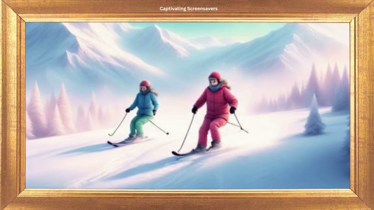 Two People Skiing Down a Snowy Mountain | Art | Winter Background | Screensaver 4K | No Sound Video