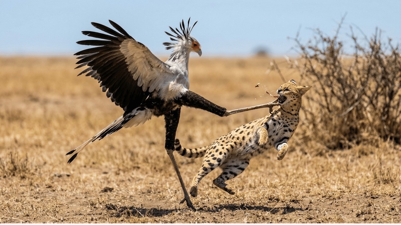 Serval vs Secretary Bird &ndash; Speed Meets the Most Powerful Kick in the Savanna!