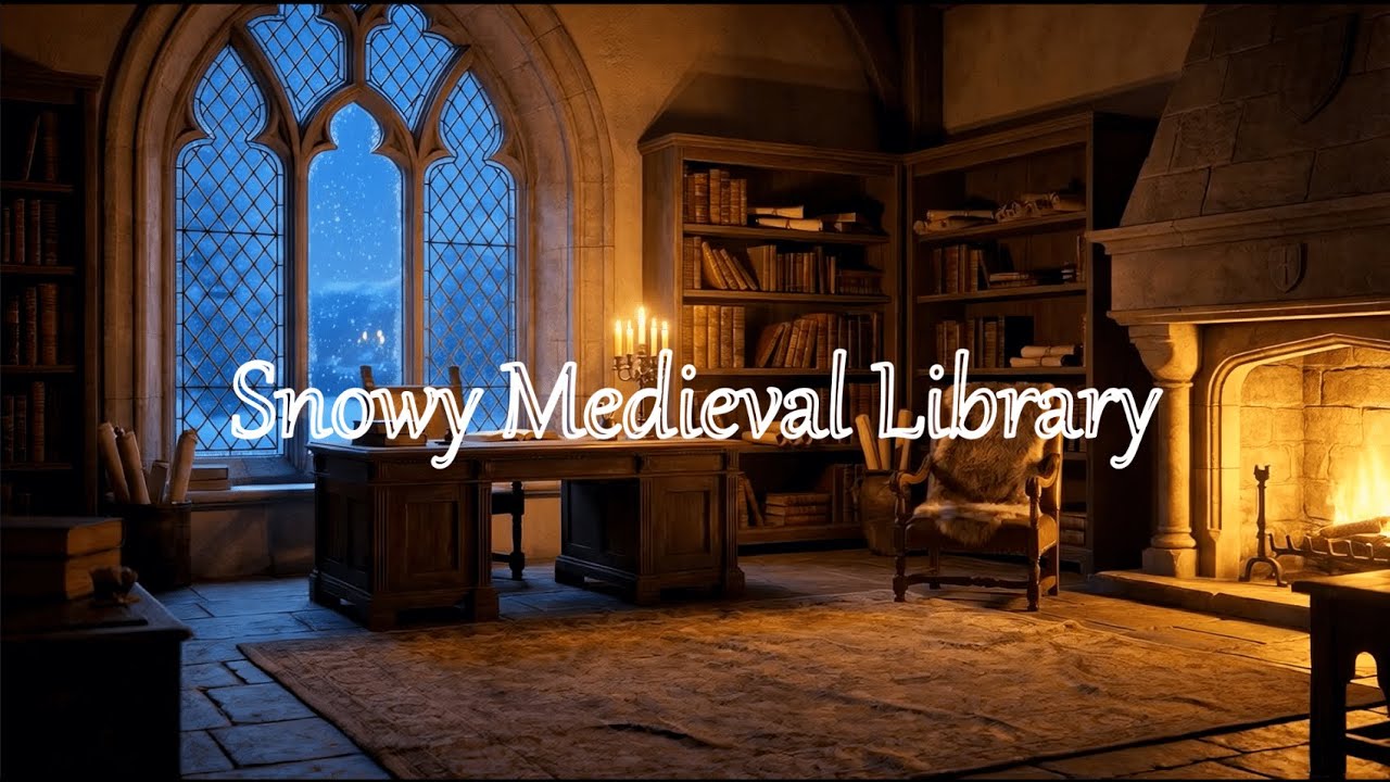 Snowy Medieval Library ❄️ Fireplace & Candlelight Ambient Music for Reading (2 Hours)