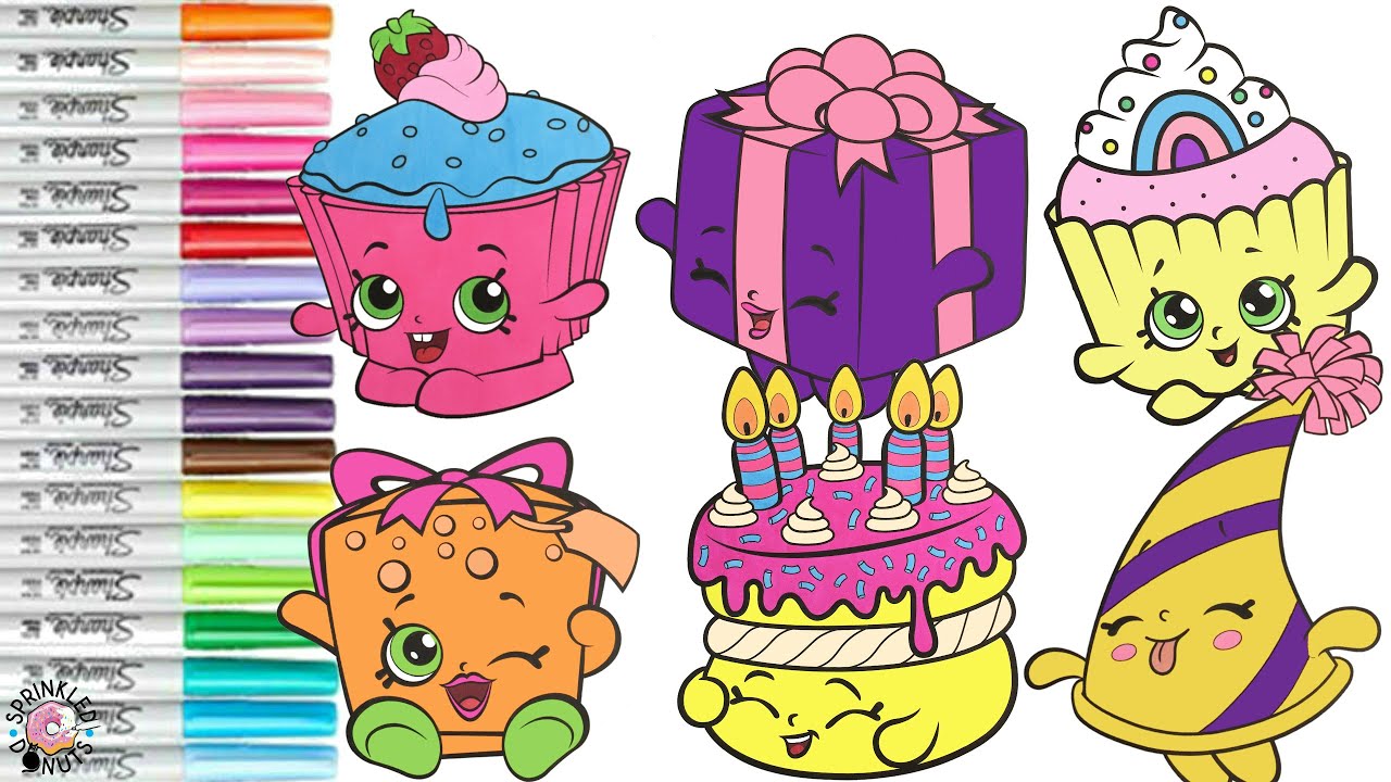Раскраска Shopkins: Марти, Праздничная шляпка, Мисс Пресси, Джиджи, Подарочные пожелания, Капкейк...