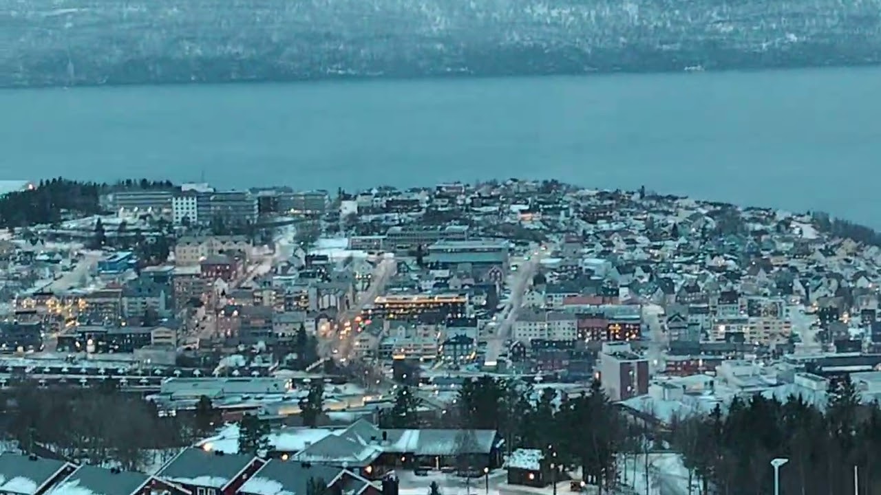 Narvik Norway Hiking how city looks in Top of mountain.