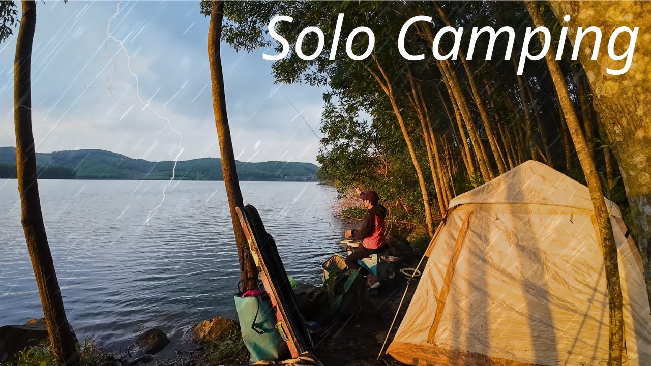 Solo Overnight Camping, Fishing & Cooking by a Large Lake | Light Rain | No Talking