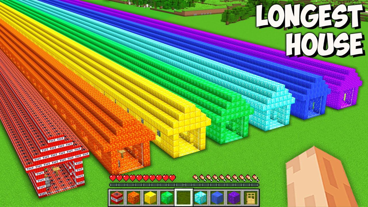 Which LONGEST HOUSE is BETTER in Minecraft? TNT vs LAVA vs GOLD vs EMERALD vs WATER vs PORTAL!