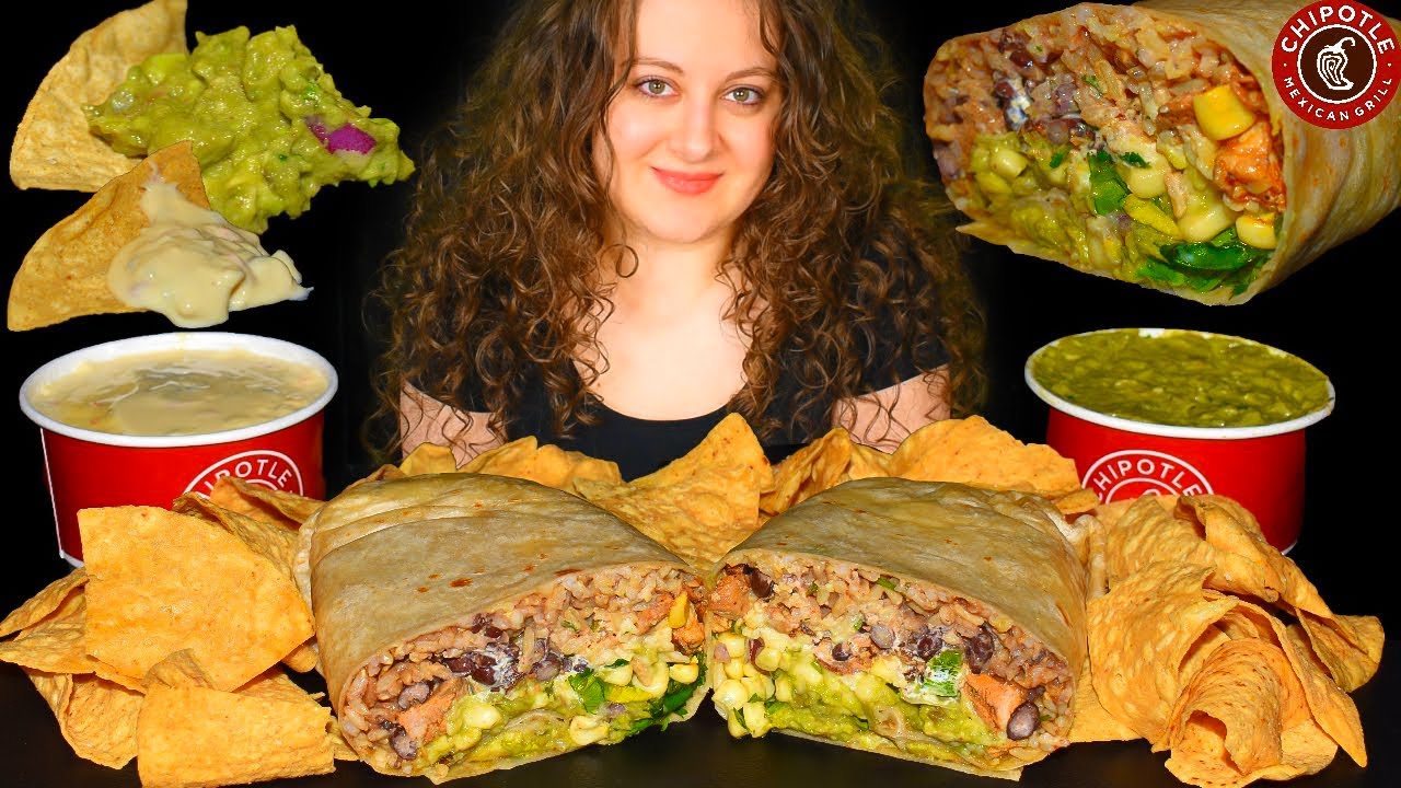 ASMR CHIPOTLE BURRITO, CHIPS WITH QUESO BLANCO CHEESE SAUCE & GUACAMOLE | MUKBANG | ASMR EATING