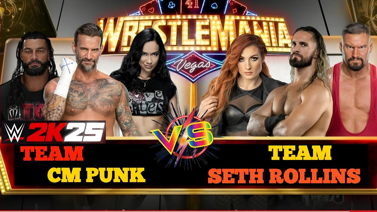 WWE 2K25-TEAM CM PUNK&AJ LEE&OTC ROMAN REIGNS VS TEAM SETH ROLLINS MATCH...