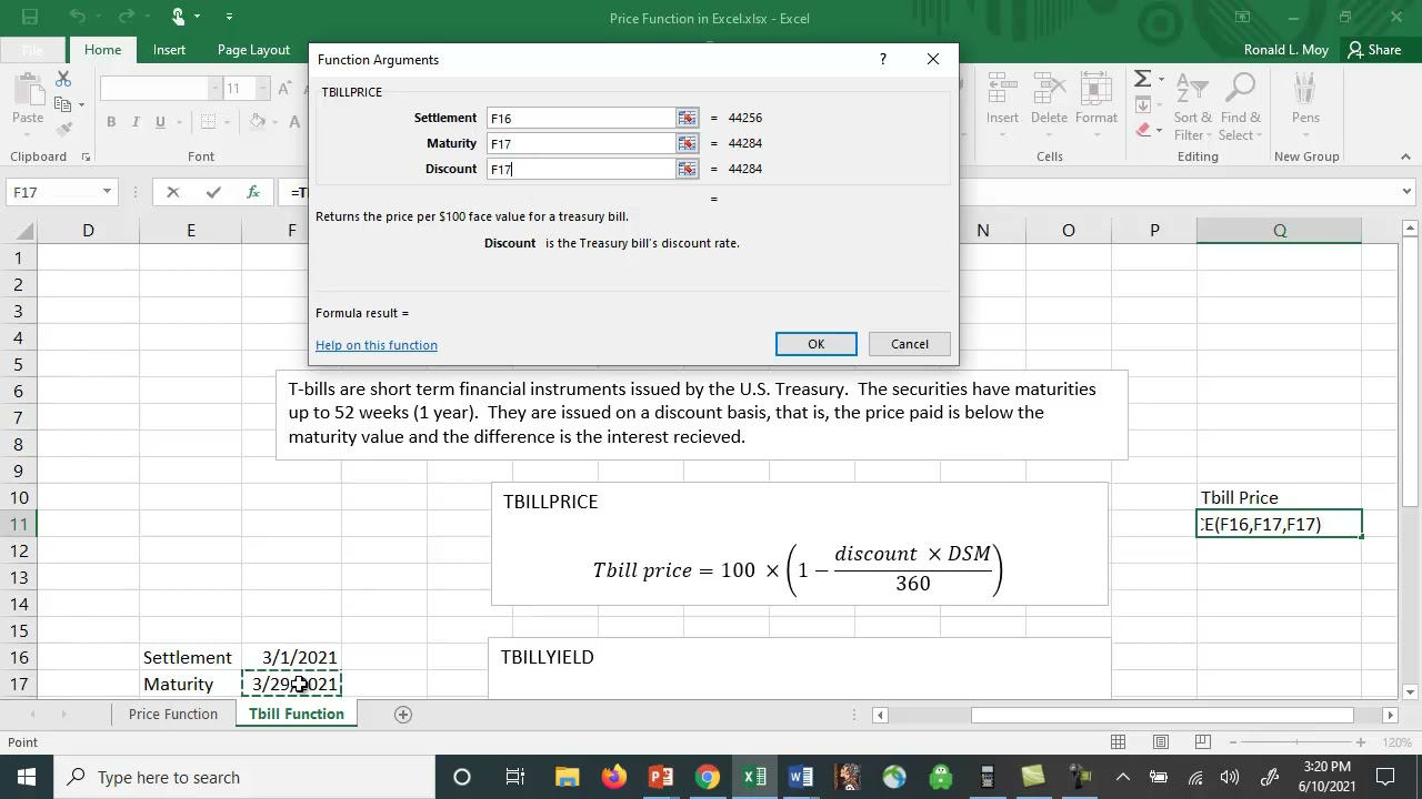 Tbill Calculations in Excel