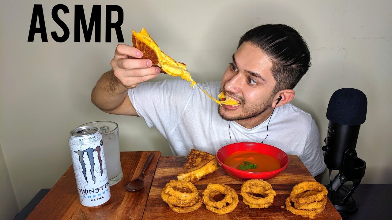 ASMR GRILLED CHEESE AND TOMATO SOUP + CRISPY ONION RINGS | MUKBANG *REAL EATING SOUNDS*
