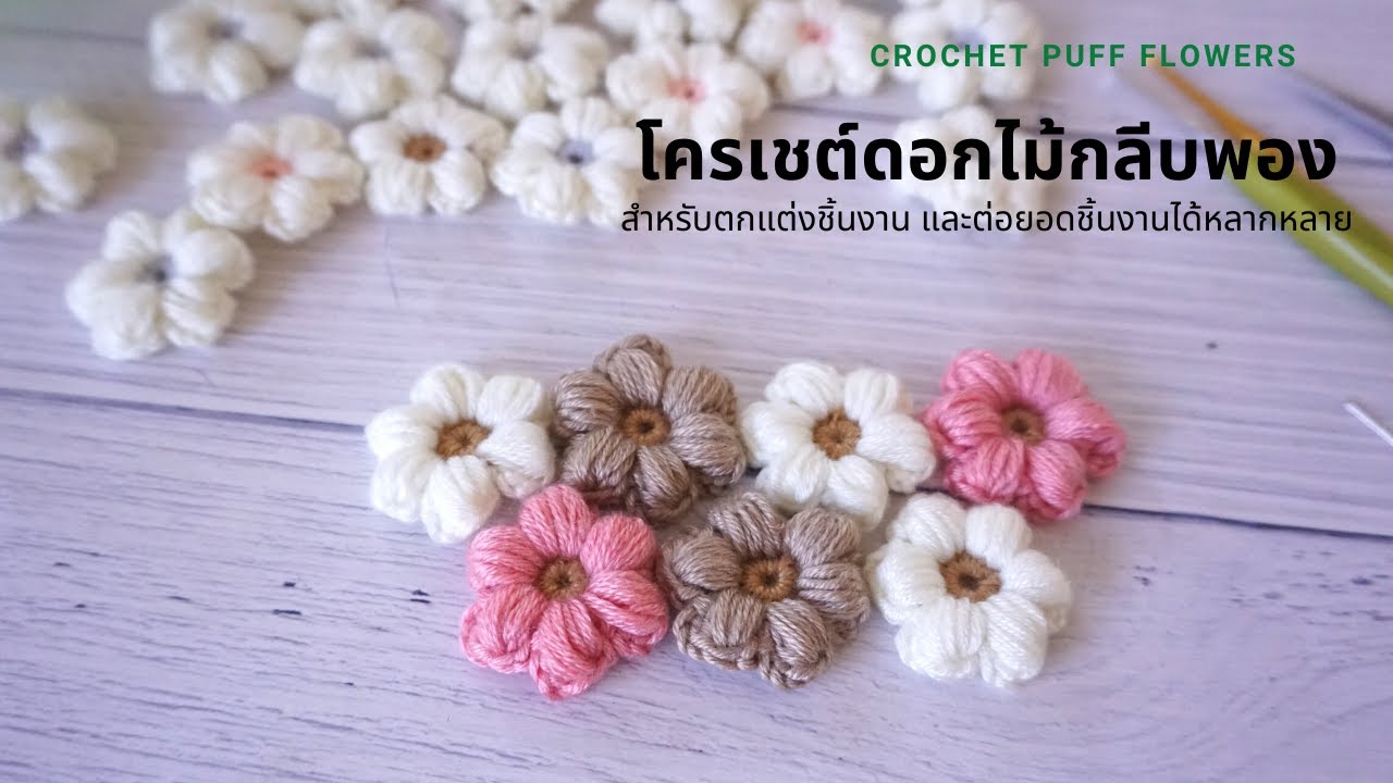 ถักโครเชต์ดอกไม้กลีบพอง ง่ายๆใช้ตกแต่งชิ้นงานหรือต่อยอดชิ้นงานได้หลากหลาย Puff flowers l AnyMimie