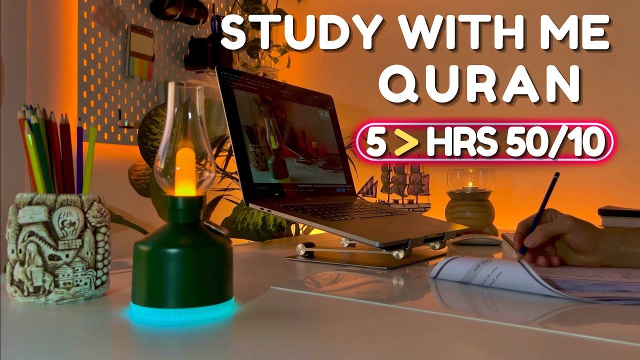 5-Hour Study With Me | Quran recitation | Study with me quran | pomodoro 50/10 | Rainy Night 🌧
